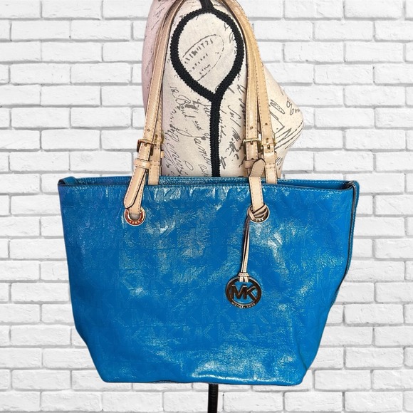 Michael Kors Blue Patent Leather Monogram Tote Bag MK Logo Gold Hardware Large - Picture 2 of 9